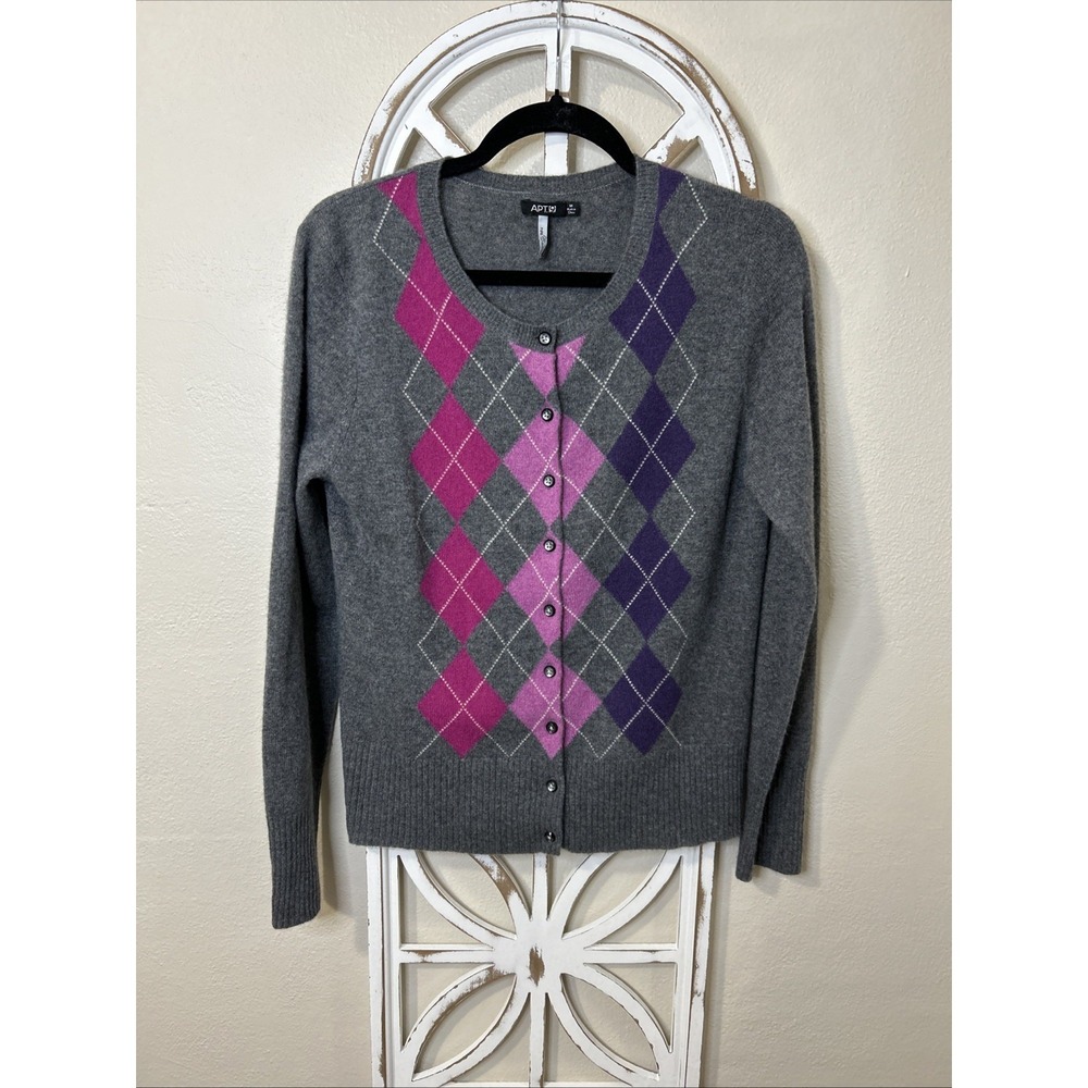 Apt 9 MEDIUM Gray Purple Argyle 100% Cashmere Preppy Y2K Button Up Cardigan